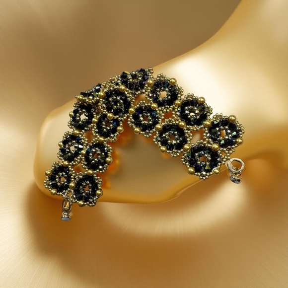 Hand Crafted Jewelry - Hand Crafted Navy and Gold Sparkling Beaded Bracelet with Magnetic Closure